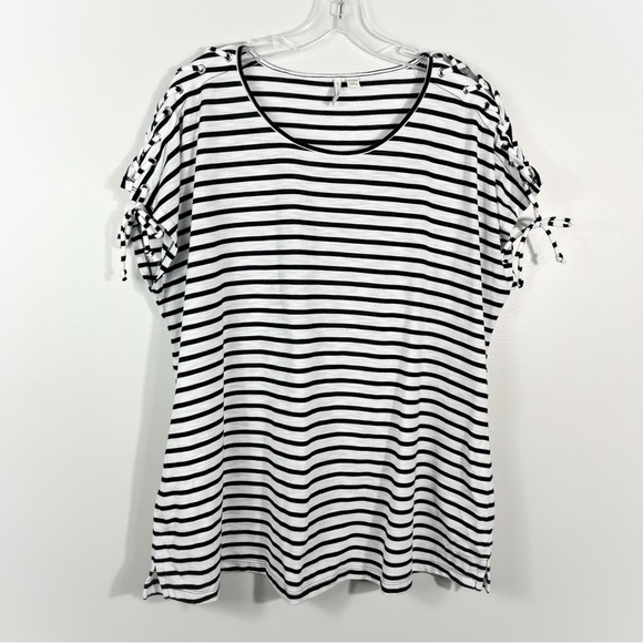 Cato Tops - Cato Women’s Black & White Striped Lace Up Shoulder Short Sleeve Top Plus Size